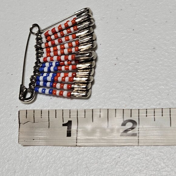 Handmade Patriotic American Flag Safety Pin Brooch Red White Blue Beads Jewelry - Picture 4 of 4